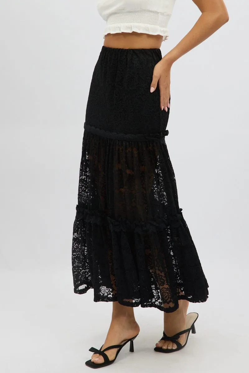 Black Lace Maxi Skirt Elastic Waist Tiered Lined sold by Ally Fashion product image thumbnail 4