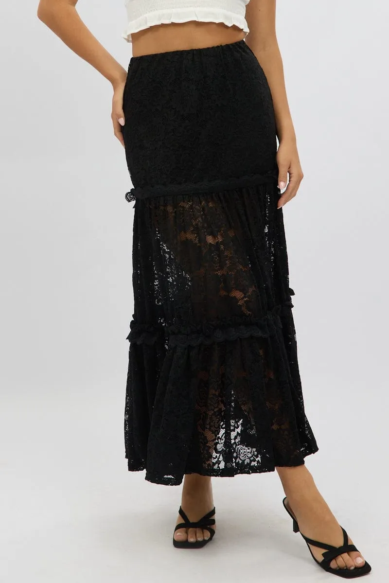 Black Lace Maxi Skirt Elastic Waist Tiered Lined sold by Ally Fashion product image thumbnail 3
