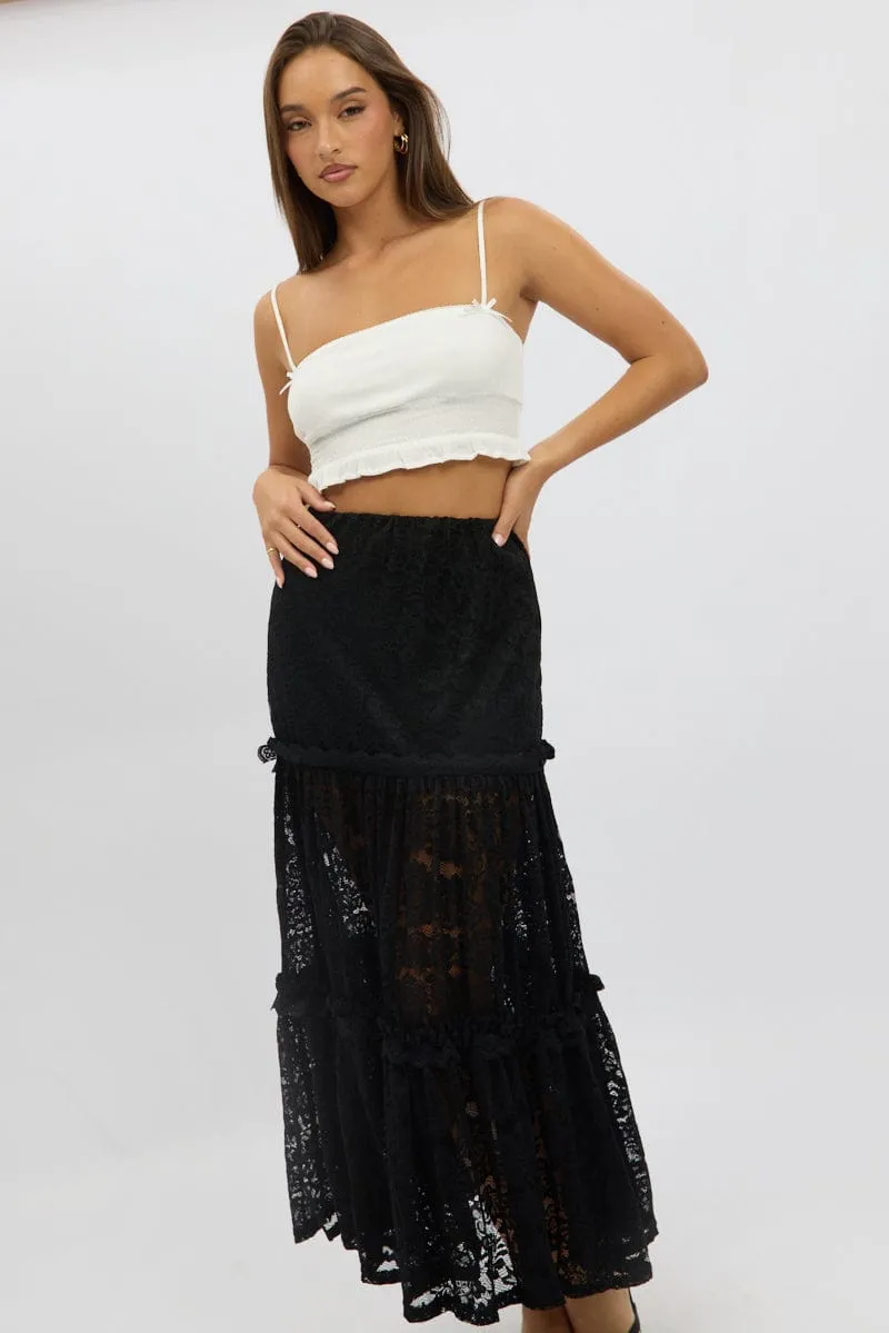 Black Lace Maxi Skirt Elastic Waist Tiered Lined sold by Ally Fashion