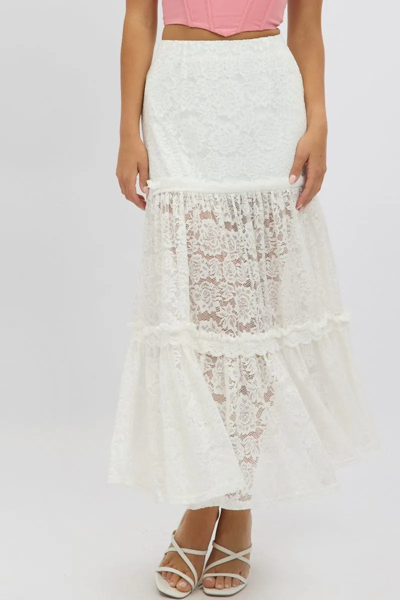 White Lace Maxi Skirt Elastic Waist Tiered Lined sold by Ally Fashion product image thumbnail 3