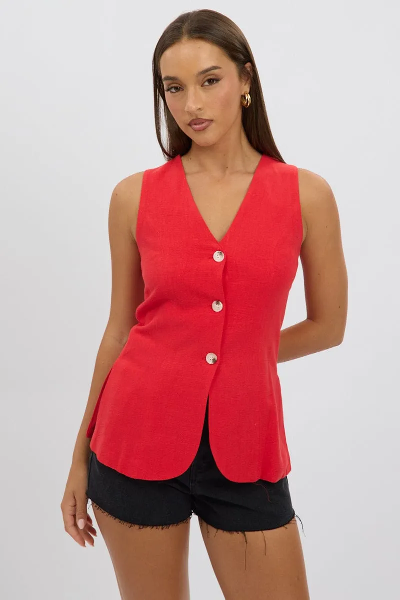 Red Linen Vest Longline V Neck sold by Ally Fashion product image thumbnail 3