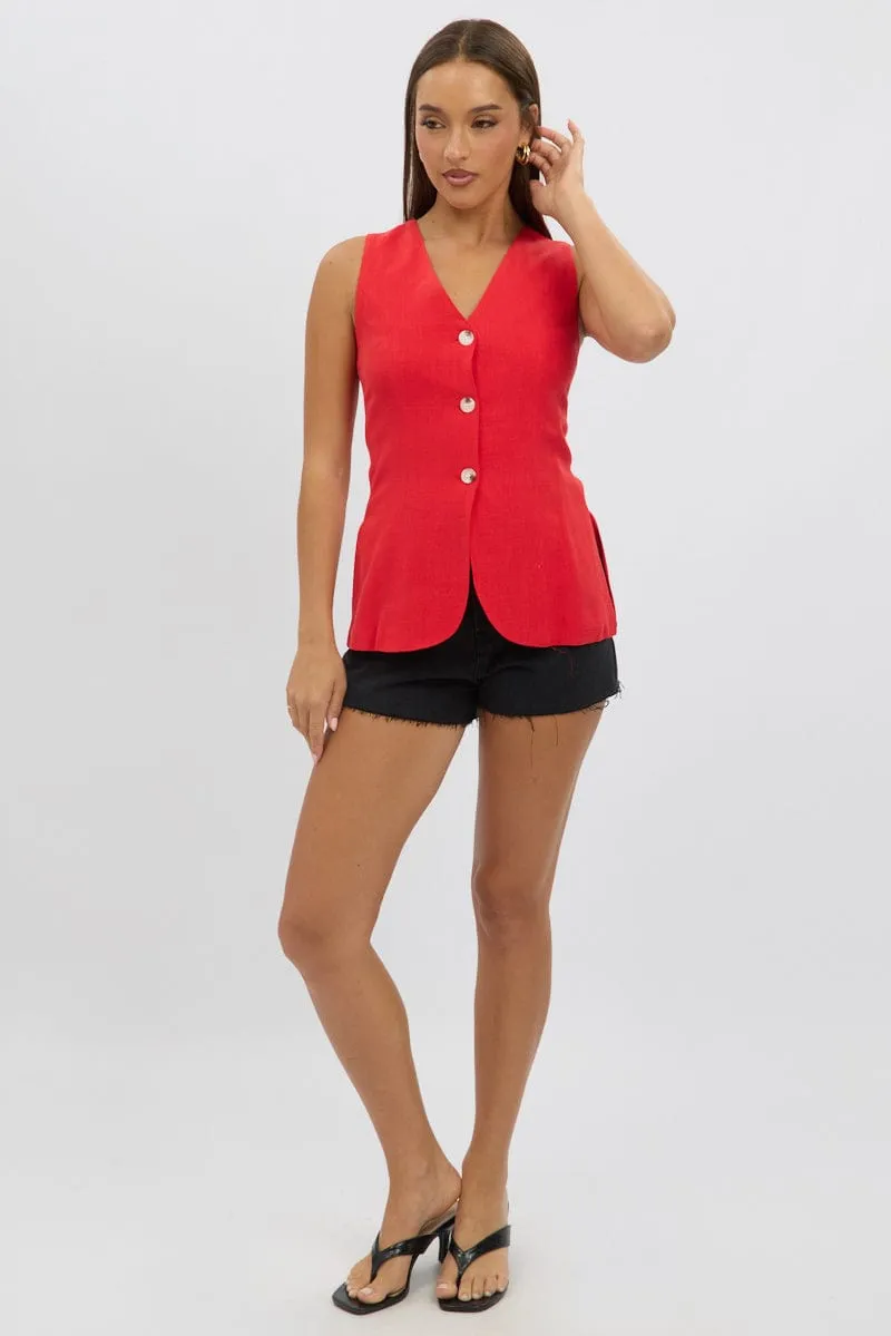Red Linen Vest Longline V Neck sold by Ally Fashion product image thumbnail 2