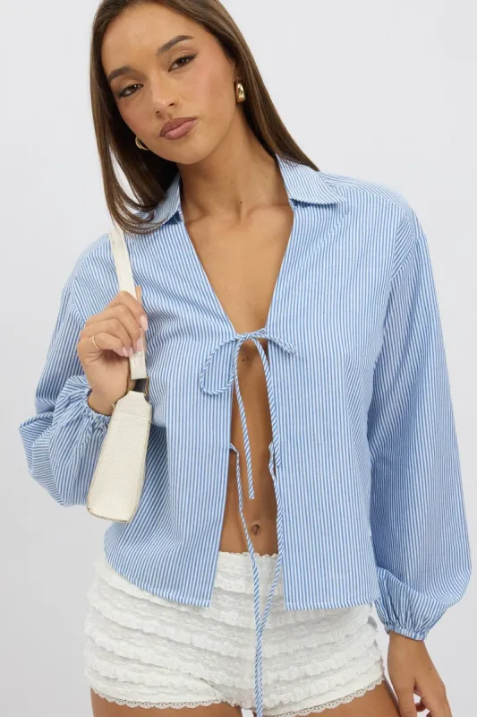 Blue Stripe Tie  Up Front Top Long Sleeve sold by Ally Fashion