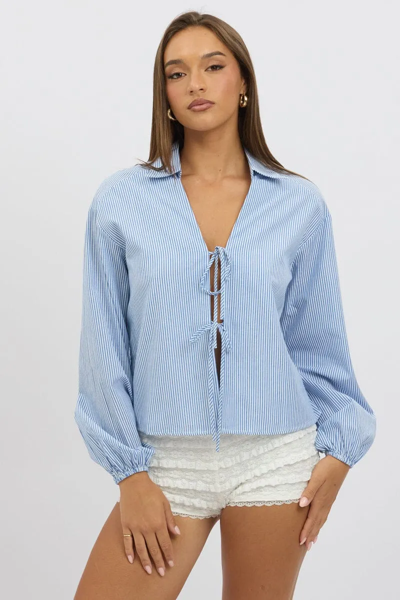 Blue Stripe Tie Up Front Top Long Sleeve sold by Ally Fashion product image thumbnail 3