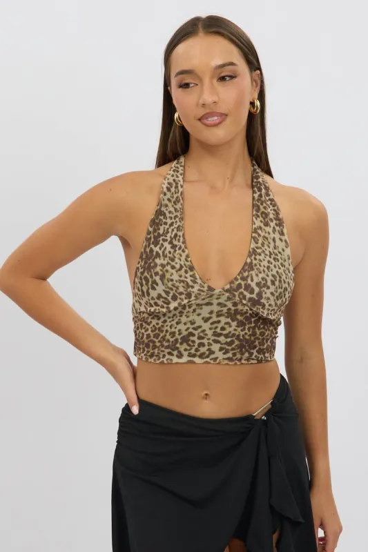 Brown Animal Print Halter Neck Top Tie Back Mesh sold by Ally Fashion