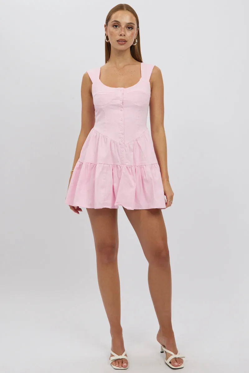 Pink Fit And Flare Dress Mini Front Button Placket sold by Ally Fashion product image thumbnail 3