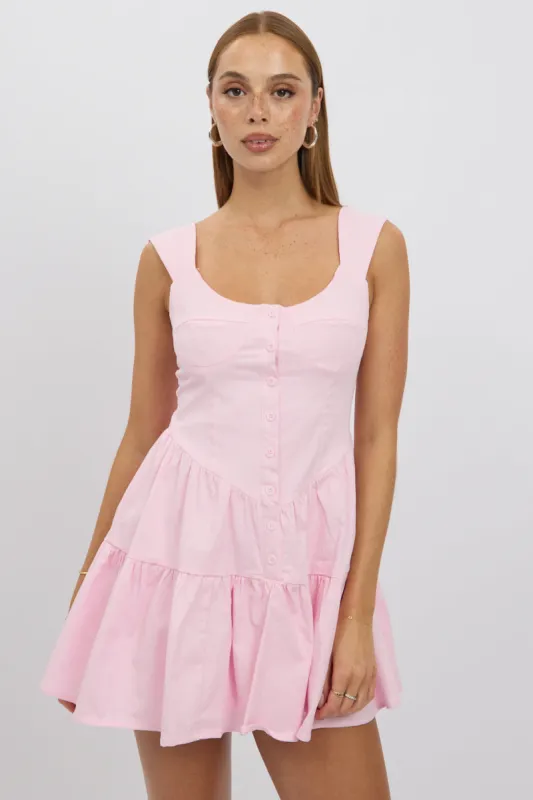 Pink Fit And Flare Dress Mini Front Button Placket sold by Ally Fashion