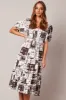 Brown Abstract Midi Dress Puff Sleeve Shirred Bust sold by Ally Fashion
