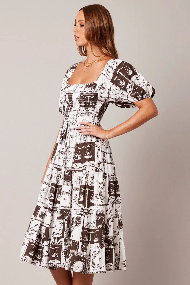 Brown Abstract Midi Dress Puff Sleeve Shirred Bust sold by Ally Fashion product image thumbnail 4