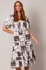 Brown Abstract Midi Dress Puff Sleeve Shirred Bust sold by Ally Fashion