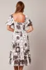 Brown Abstract Midi Dress Puff Sleeve Shirred Bust sold by Ally Fashion