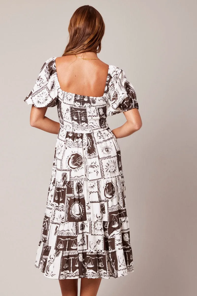 Brown Abstract Midi Dress Puff Sleeve Shirred Bust sold by Ally Fashion product image thumbnail 5