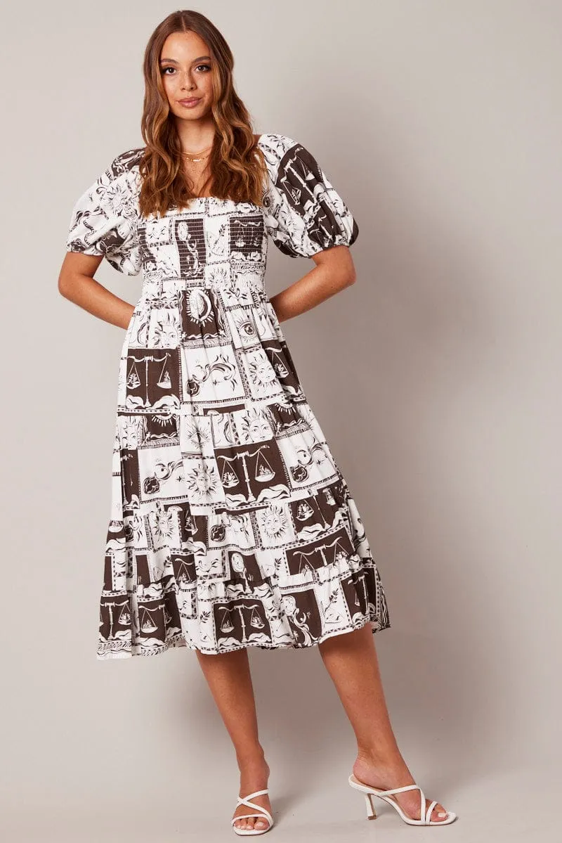 Brown Abstract Midi Dress Puff Sleeve Shirred Bust sold by Ally Fashion product image thumbnail 2