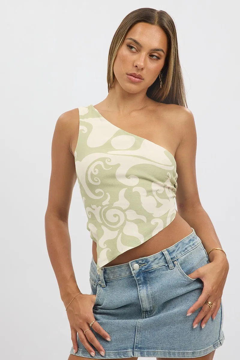 Green Abstract Scarf Top One Shoulder Tie Back sold by Ally Fashion