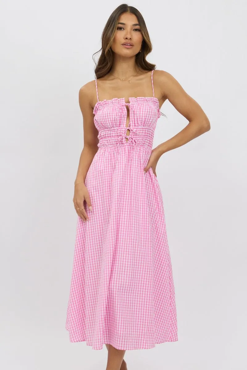Pink Check Midi Dress Ribbon Detail Strappy sold by Ally Fashion