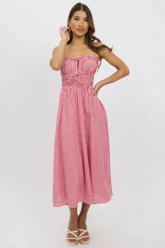 Red Check Midi Dress Ribbon Detail Strappy sold by Ally Fashion