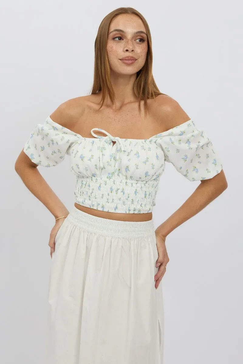 Blue Ditsy Crop Top Short Sleeve Shirred Waist sold by Ally Fashion product image thumbnail 3