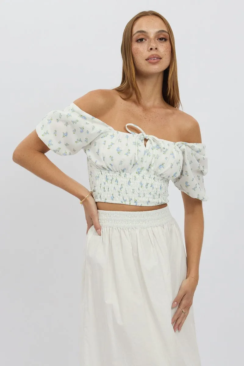 Blue Ditsy Crop Top Short Sleeve Shirred Waist sold by Ally Fashion