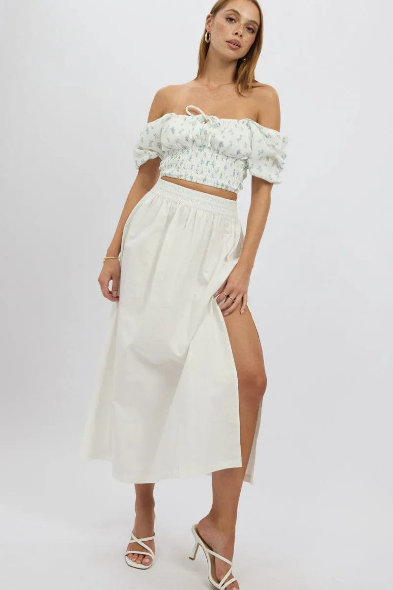 White Maxi Skirt Shirred Waist Relaxed Fit sold by Ally Fashion