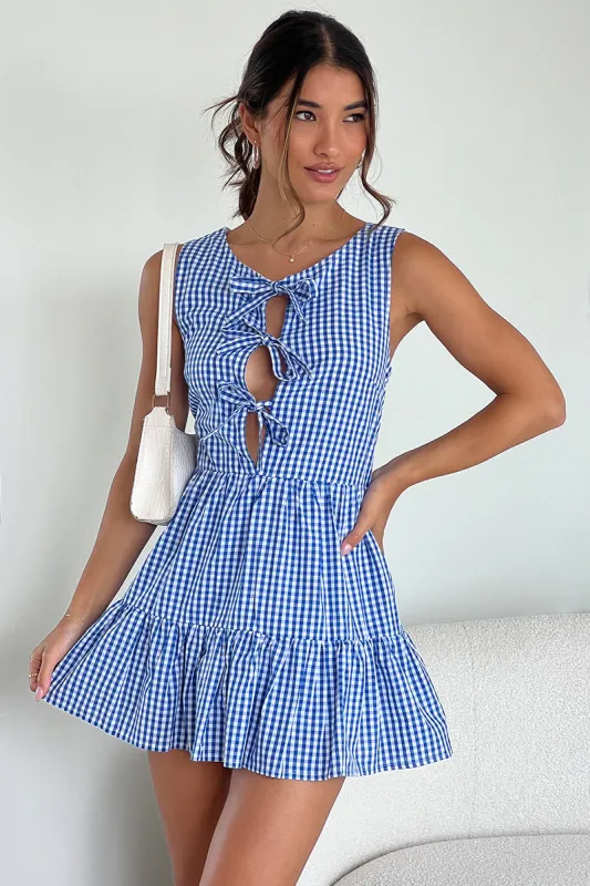 Blue Check Mini Dress Ribbon Detail sold by Ally Fashion