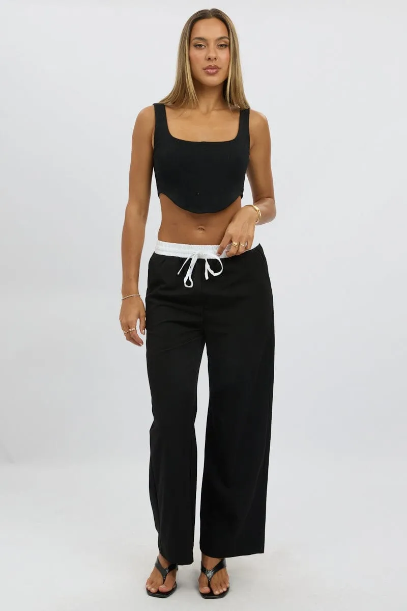 Black Wide Leg Pants Elasticated Contrast Waist sold by Ally Fashion product image thumbnail 2