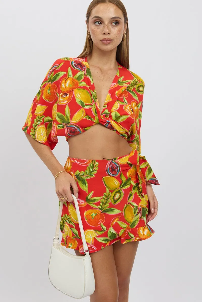 Red Abstract Wrap Skirt High Waisted Mini Ruffle sold by Ally Fashion