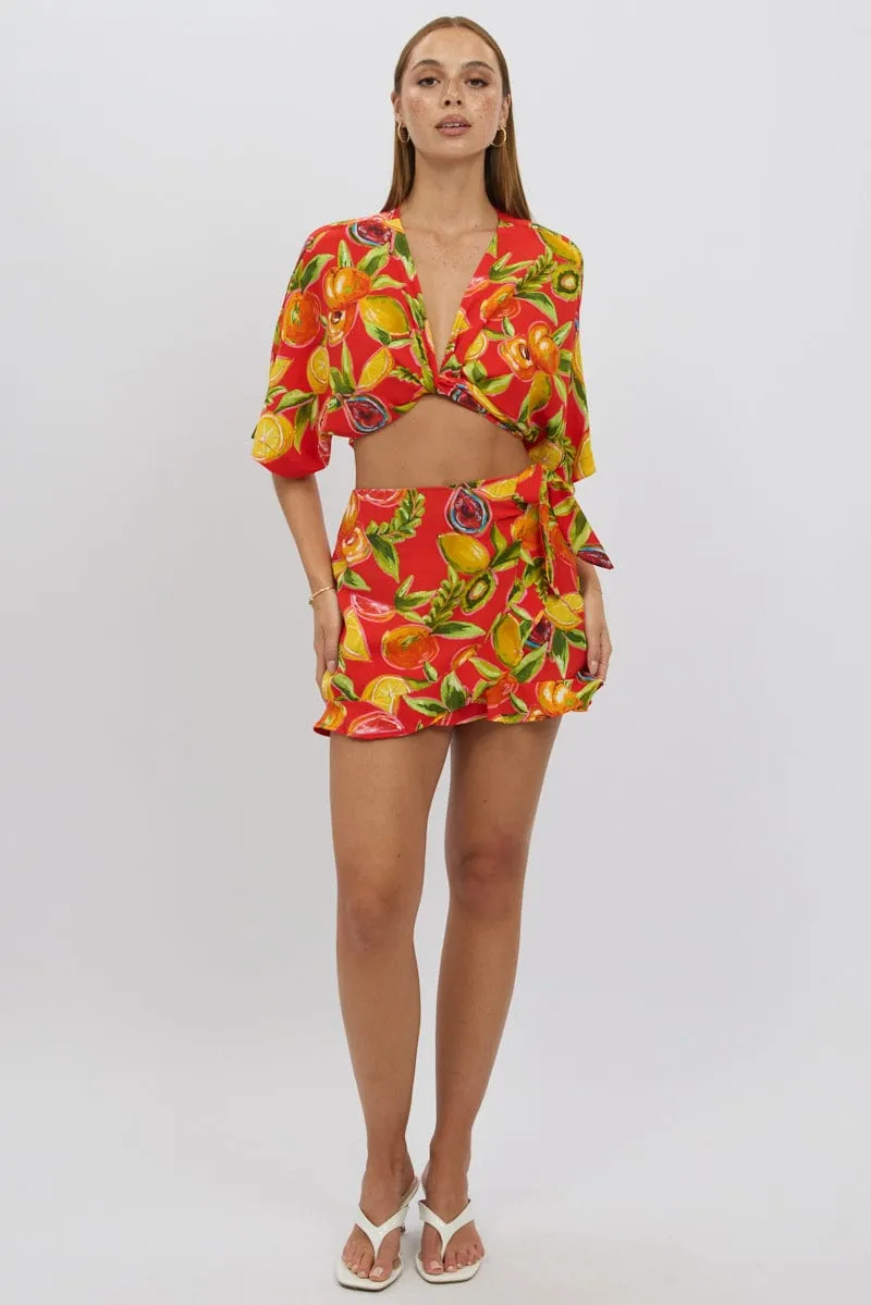 Red Abstract Wrap Skirt High Waisted Mini Ruffle sold by Ally Fashion product image thumbnail 2