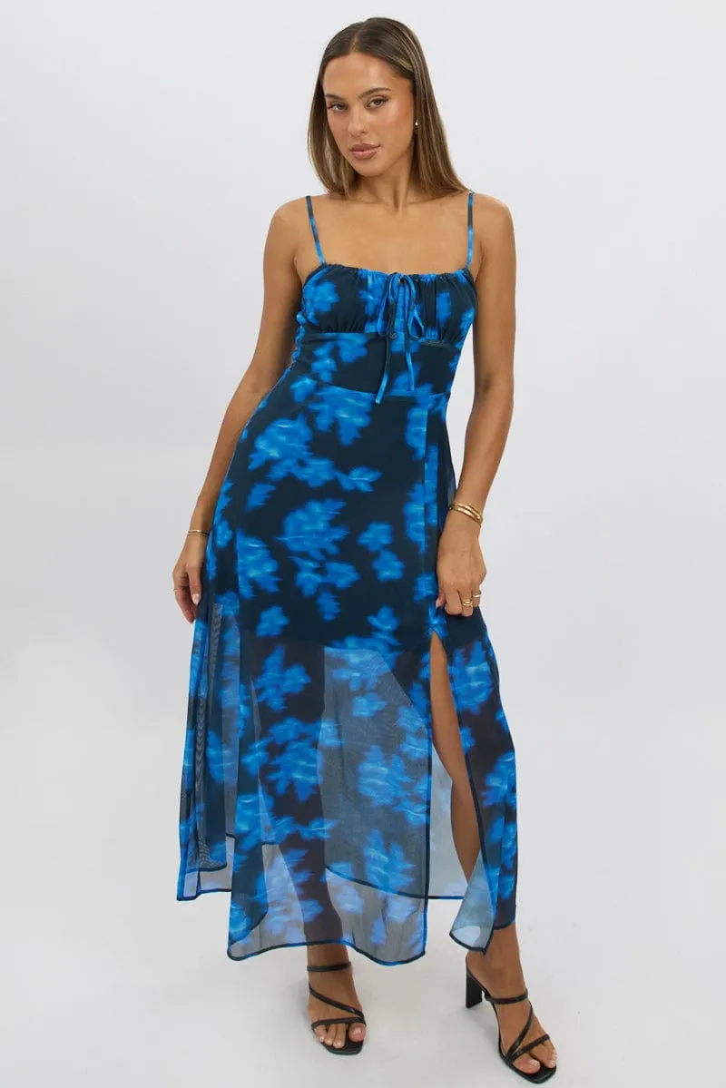 Blue Abstract Midi Dress Gathered Bust sold by Ally Fashion