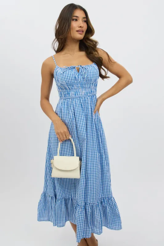 Blue Check Midi Dress Tiered Strappy sold by Ally Fashion