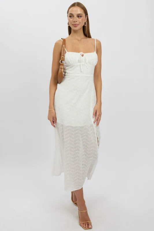 White Midi Dress Gathered Bust Eyelet Fabric sold by Ally Fashion