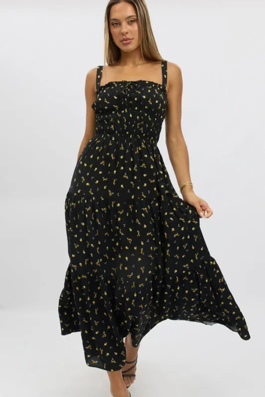 Black Ditsy Maxi Dress Strappy Tiered sold by Ally Fashion