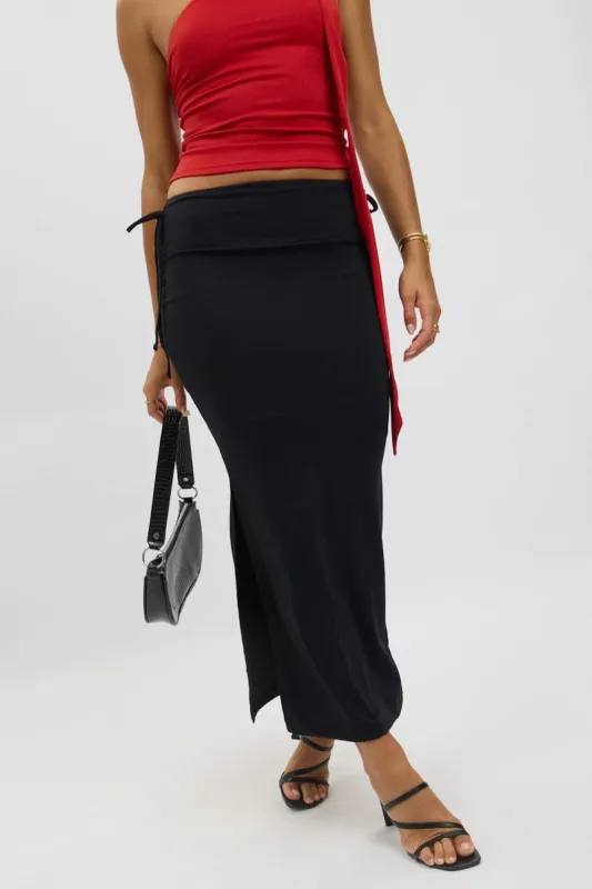 Black Midaxi Skirt Elastic Waist Spliced Bow Supersoft sold by Ally Fashion