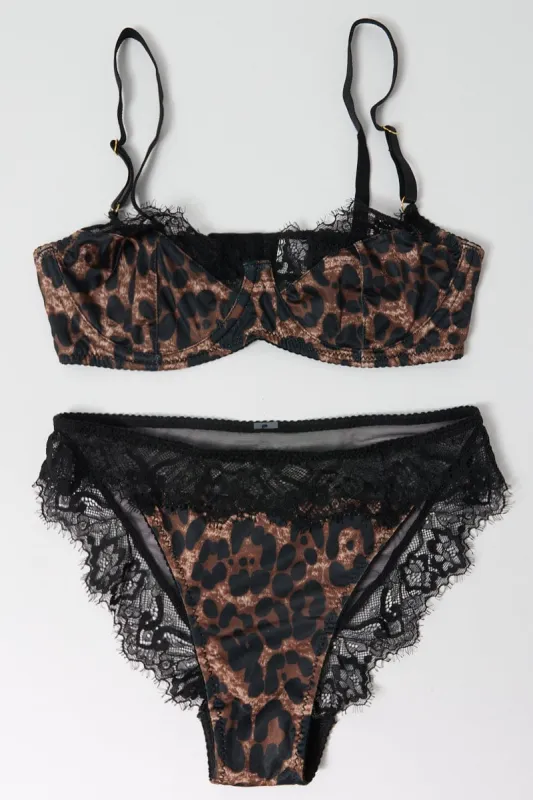 Brown Animal Print Lace Trim Lingerie Set sold by Ally Fashion