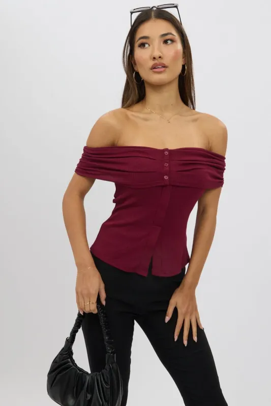 Red Off Shoulder Top Rib sold by Ally Fashion