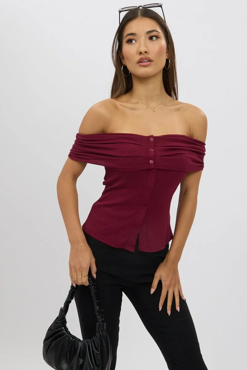 Red Off Shoulder Top Rib sold by Ally Fashion
