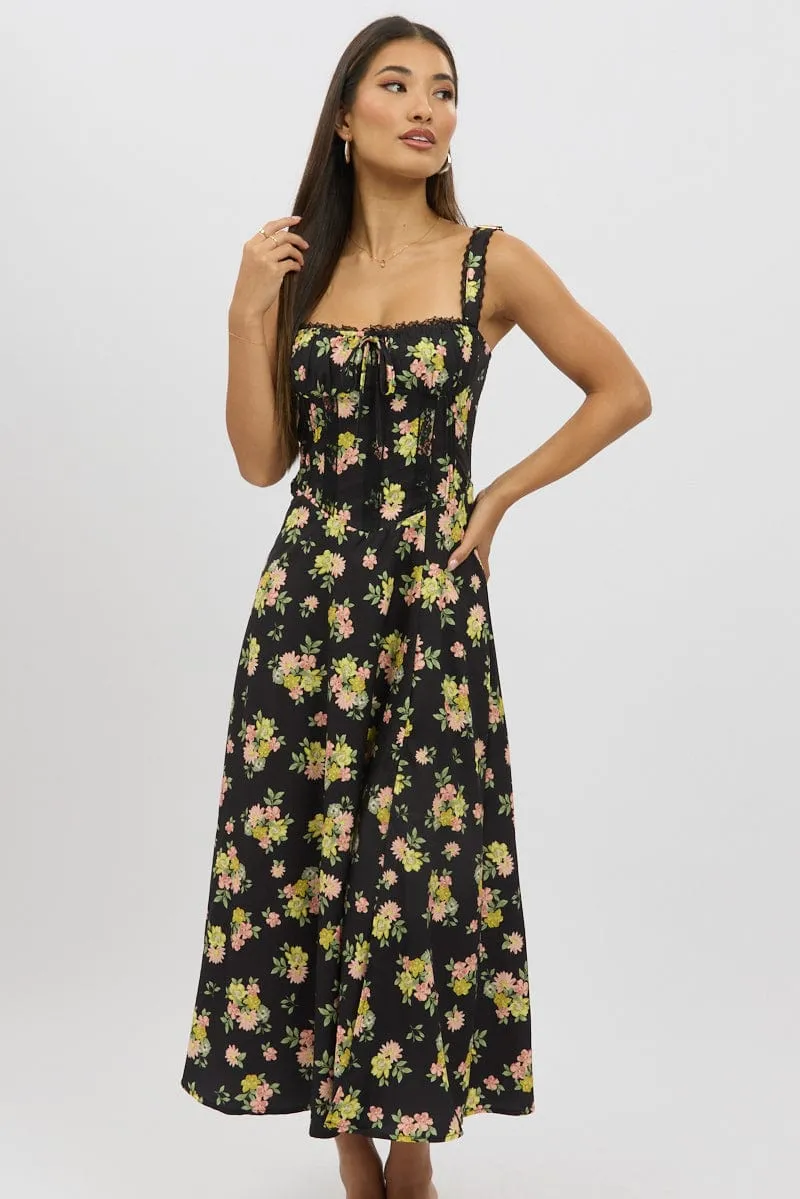 Black Floral Midi Dress Corset Detail sold by Ally Fashion