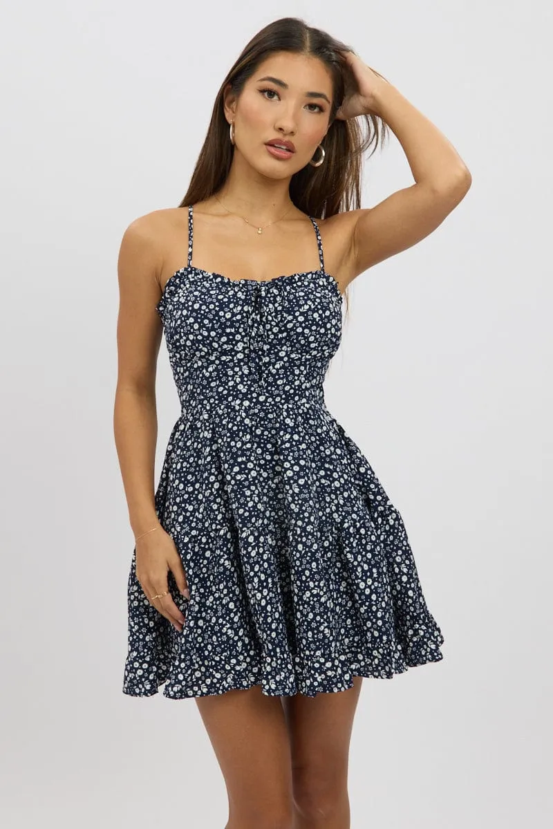 Blue Ditsy Fit And Flare Dress Mini sold by Ally Fashion