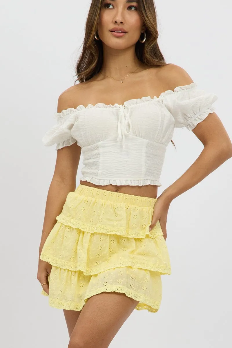 Yellow Mini Skirt Elastic Waist Layered Broidery Eyelet sold by Ally Fashion