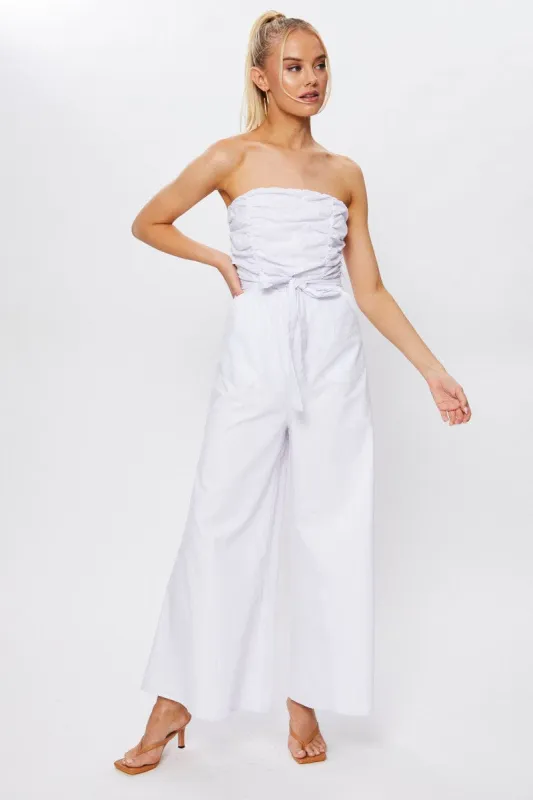 White Ruched Bandeau Wide Leg Jumpsuit sold by Ally Fashion