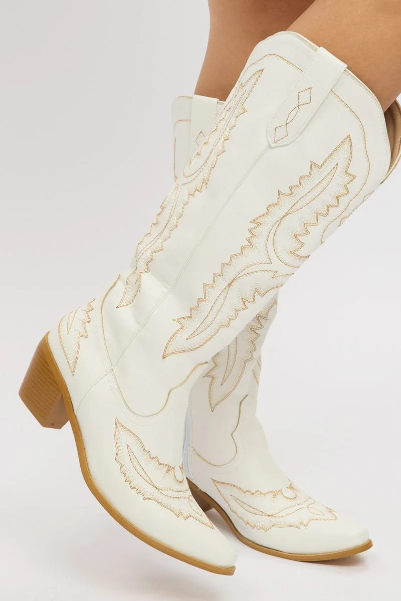 White Embroidered Western Cowboy Boots sold by Ally Fashion