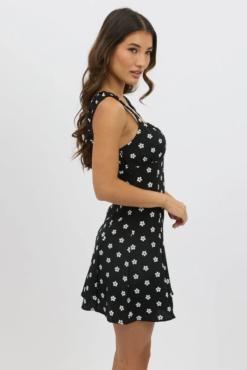 Black Floral Mini Dress Gathered Bust sold by Ally Fashion product image thumbnail 4