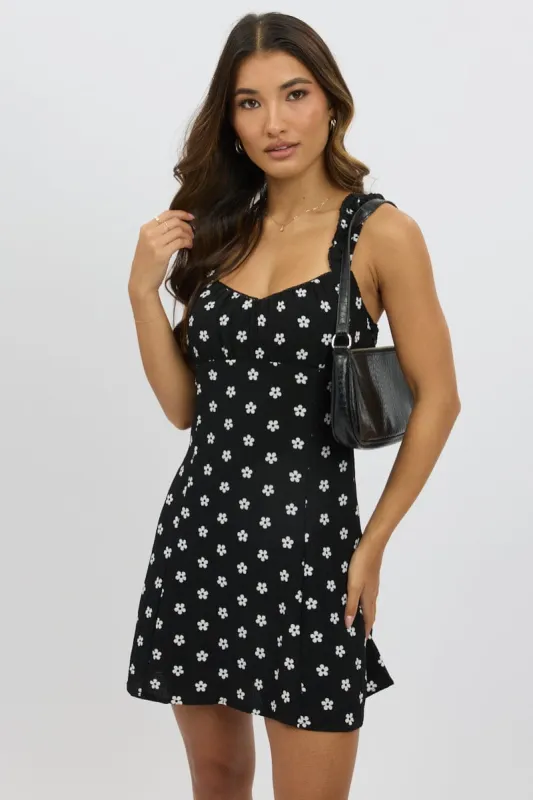 Black Floral Mini Dress Gathered Bust sold by Ally Fashion
