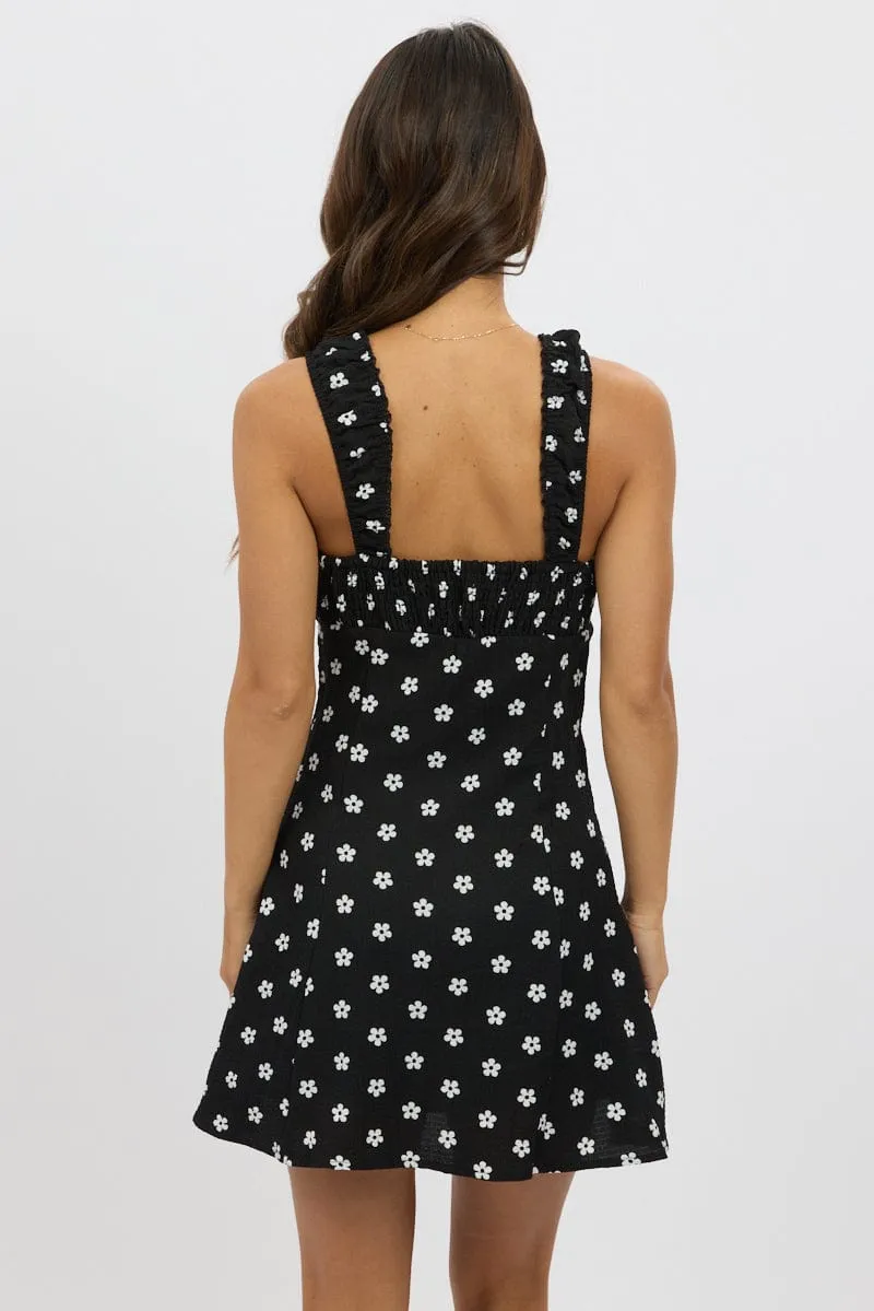 Black Floral Mini Dress Gathered Bust sold by Ally Fashion product image thumbnail 5