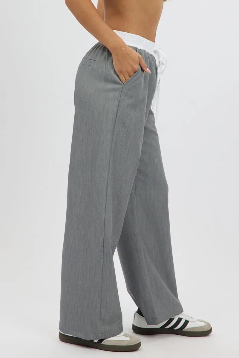 Grey Wide Leg Pants Elasticated Contrast Waist sold by Ally Fashion product image thumbnail 4