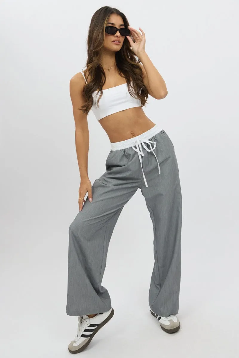 Grey Wide Leg Pants Elasticated Contrast Waist sold by Ally Fashion