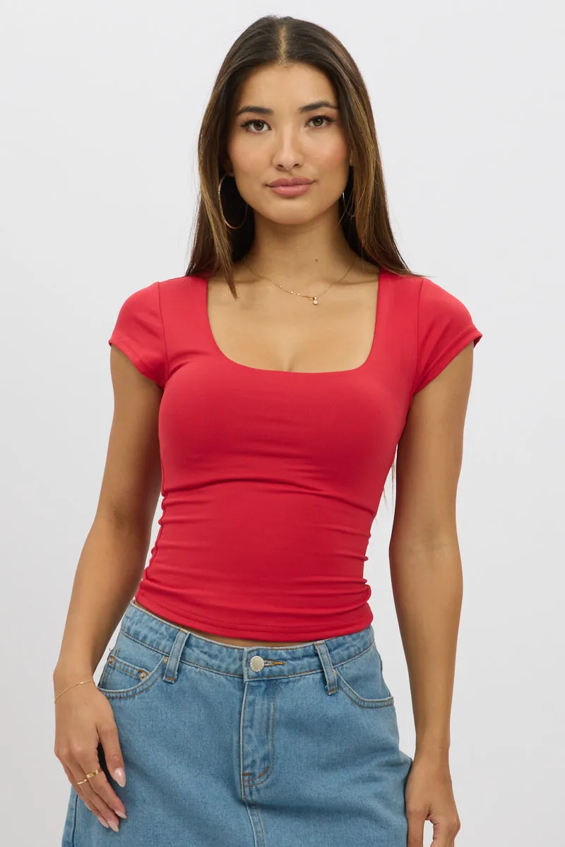 Red Supersoft Square Neck Cap Sleeve Top Double Layer sold by Ally Fashion product image thumbnail 3