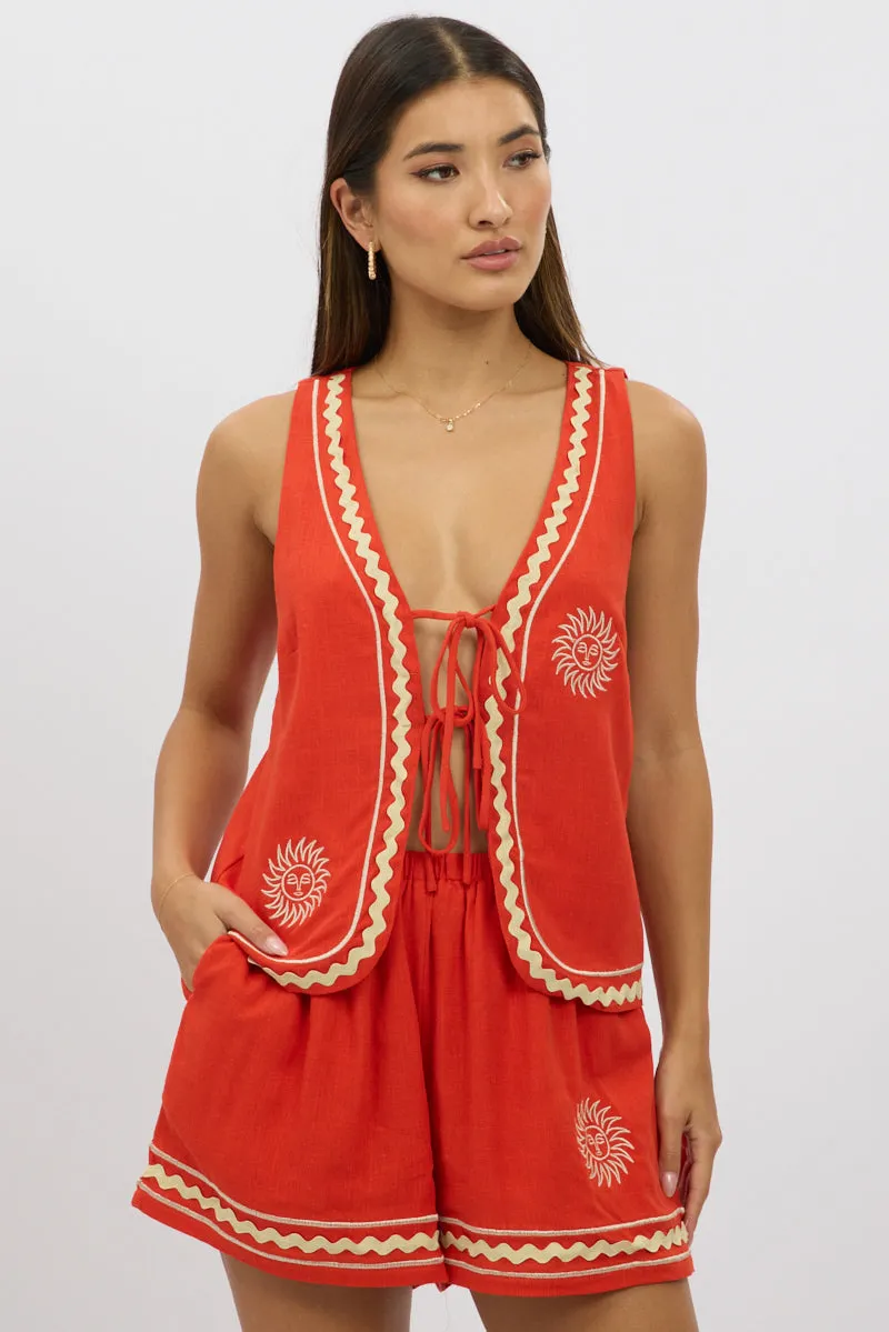 Red Linen Vest Sleeveless Embo sold by Ally Fashion