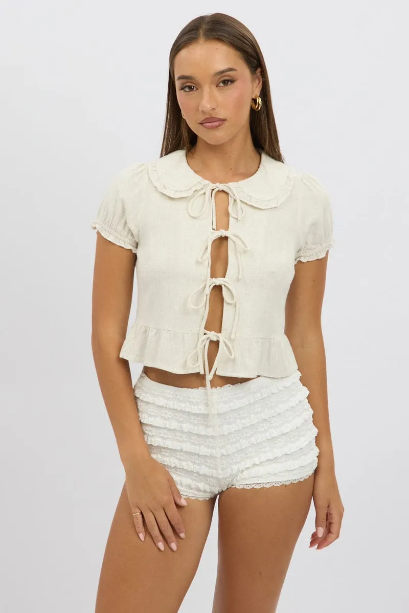 Beige Tie Front Top Collared sold by Ally Fashion product image thumbnail 3