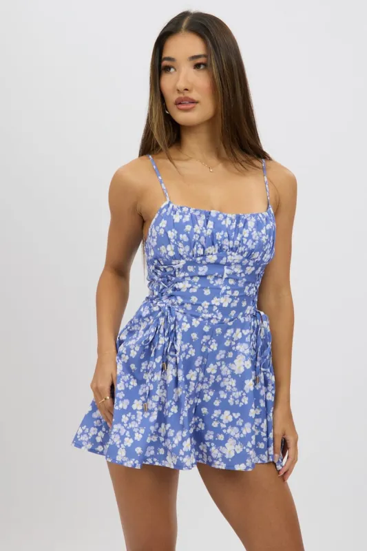 Blue Ditsy Playsuit Gathered Bust sold by Ally Fashion