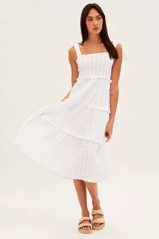 White Midi Dress Sleeveless Shirred Texture Cotton sold by Ally Fashion